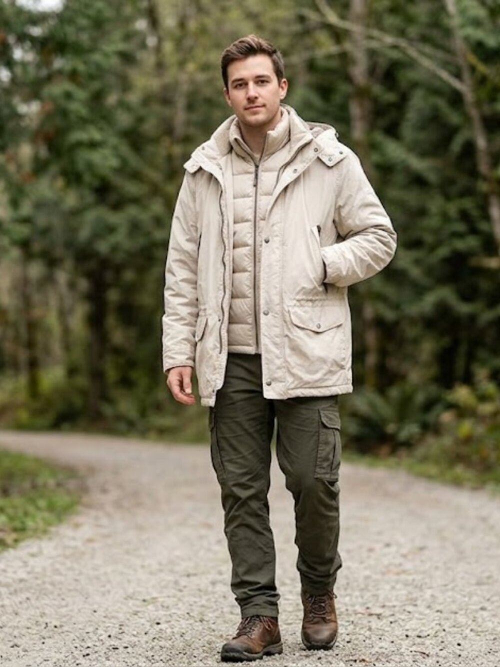 London Fog 2-in-1 Men's Puffer & Windbreaker Rain Jacket Cream Large Like New